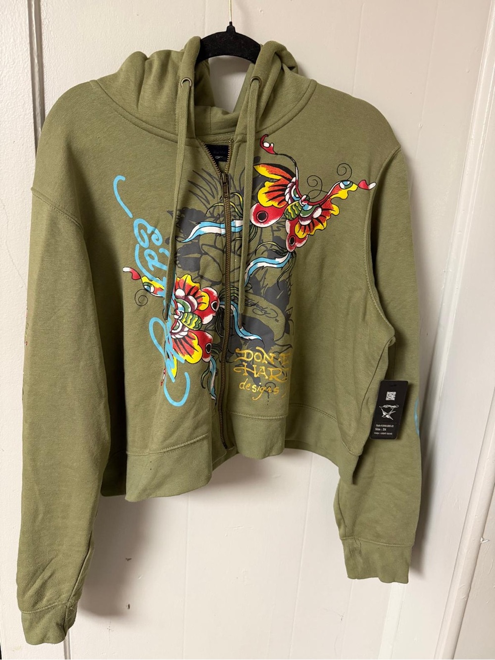 Ed Hardy Women’s Olive Green Graphic Zip Hoodie Sweater